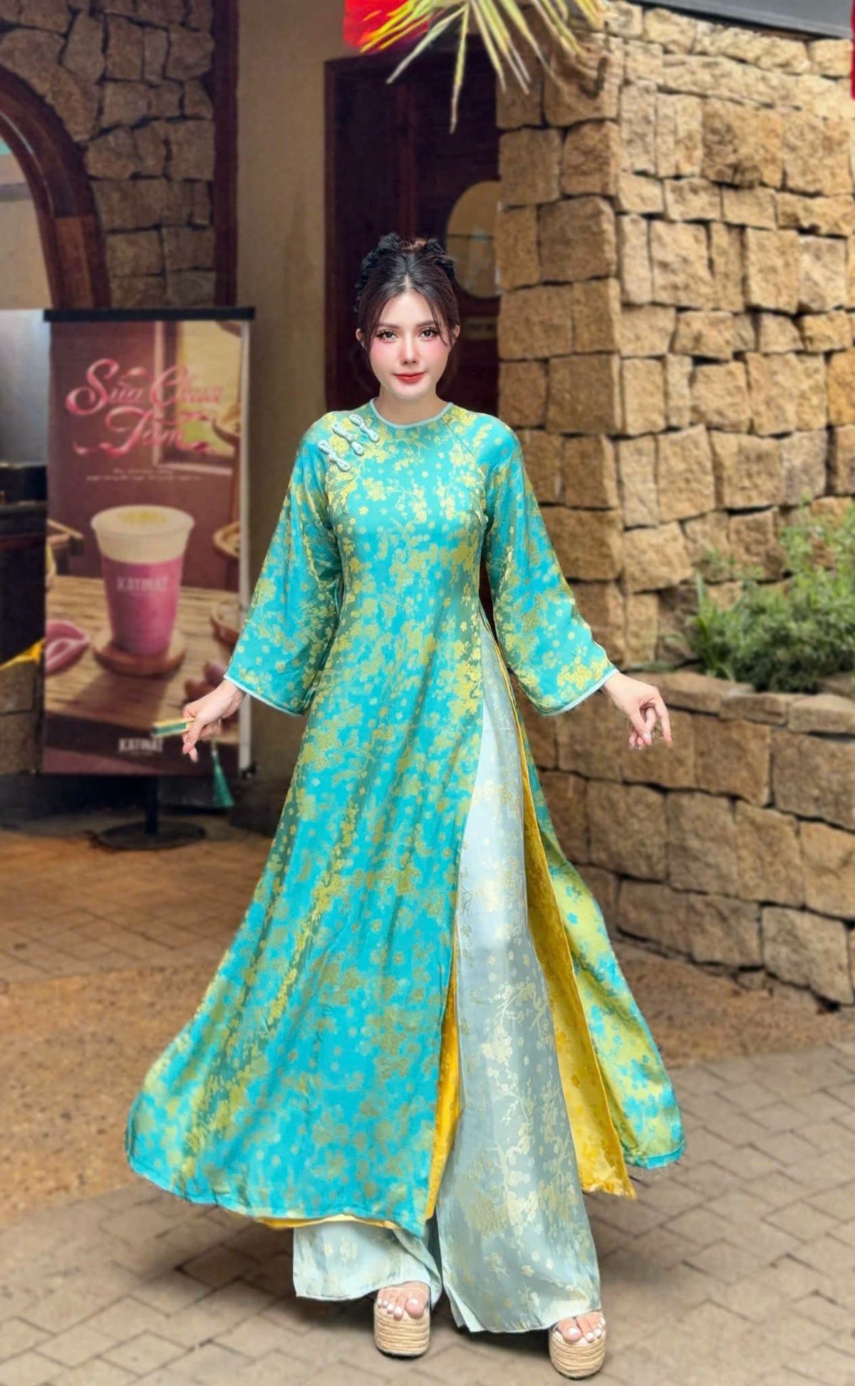 BICH MONG Ao Dai Lua To Tam Van Nam with Blue Pants /Loose Style Design Set Ao Dai for Women/TT92