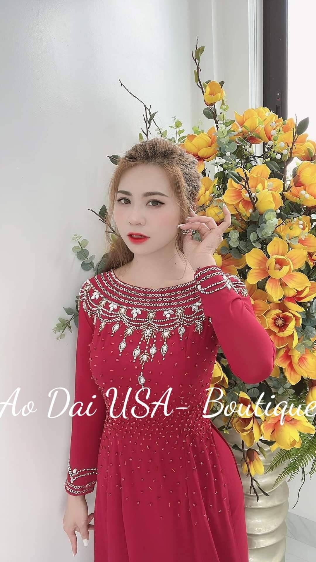 Set Ao Dai Chiffon Double Layer With Crystals And Pearls- DS13