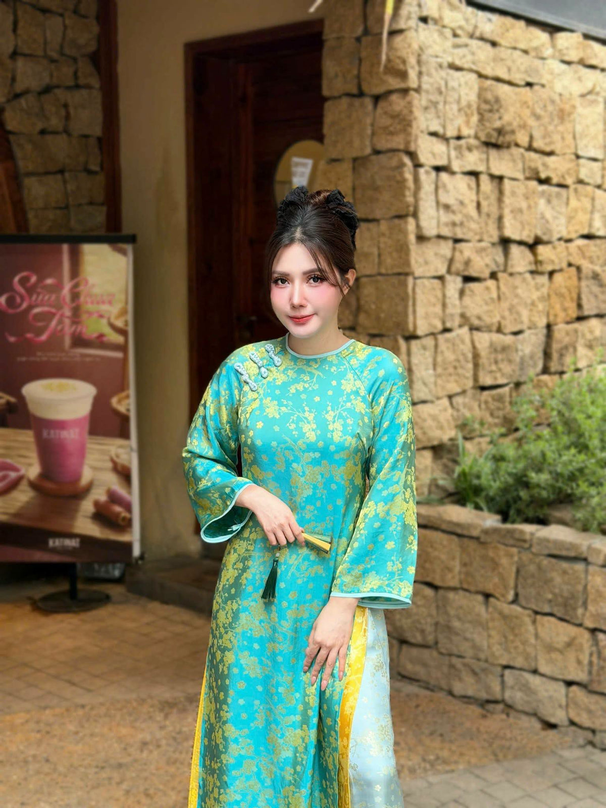 BICH MONG Ao Dai Lua To Tam Van Nam with Blue Pants /Loose Style Design Set Ao Dai for Women/TT92