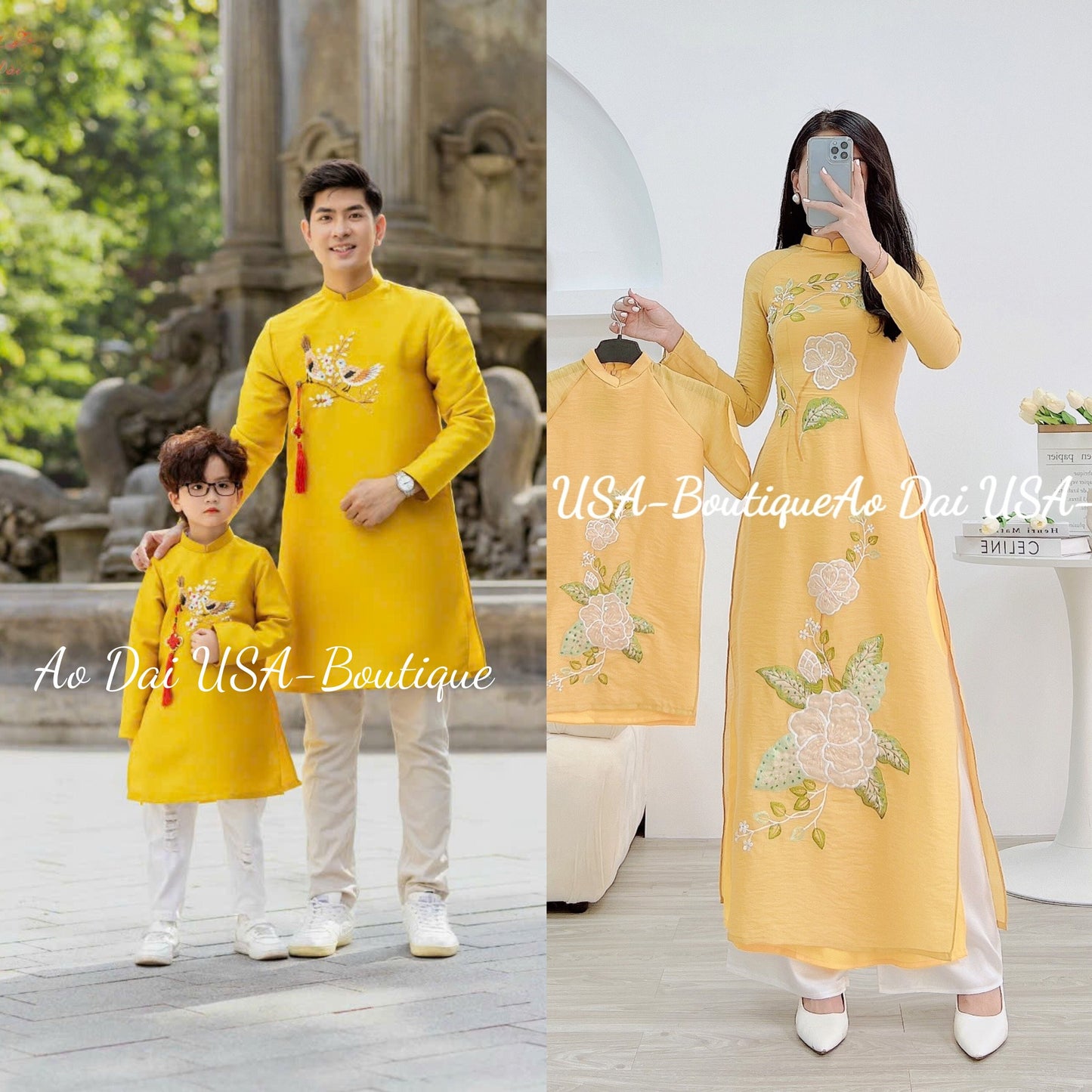 Matching Mom & Baby Girl Ao Dai Embroidered Flowers- Pants Included- B279