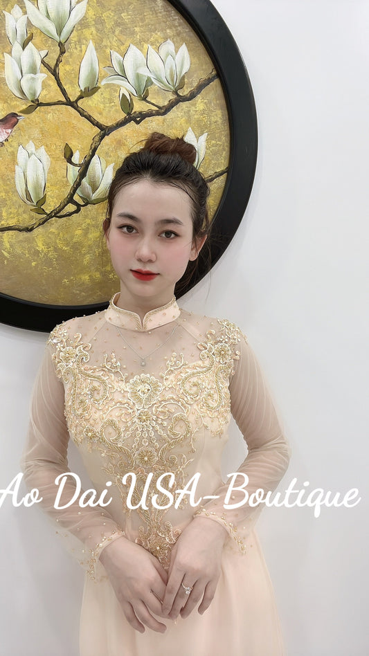 Beautiful Gold Triple Layers Ao Dai Set With Lace And Silk- DS19