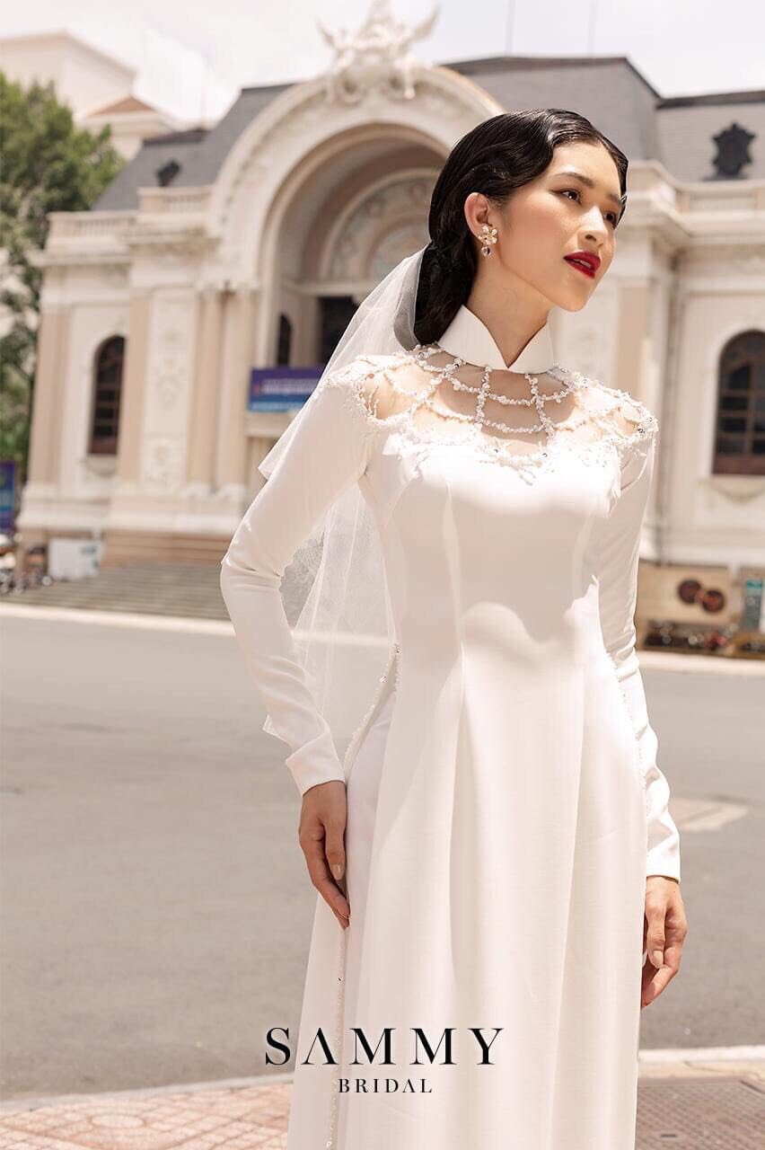 Set White design ao dai/Chiffon Design with Crystal /double length for dress and pants/Ao dài ready to ship,Vietnamese ao dai.