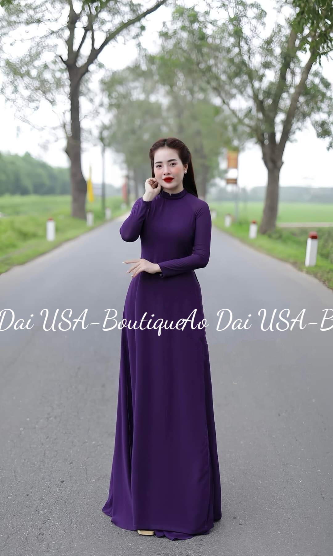 Set Ao dai Chiffon Tron dark puprle B114