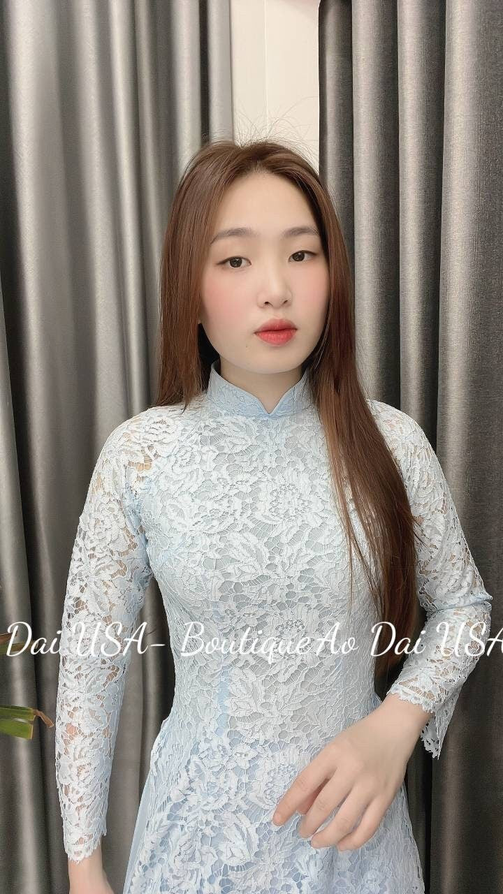 Top Only- Lace Ao Dai double Layers Blue Color-B251 – Ao Dai USA-Boutique