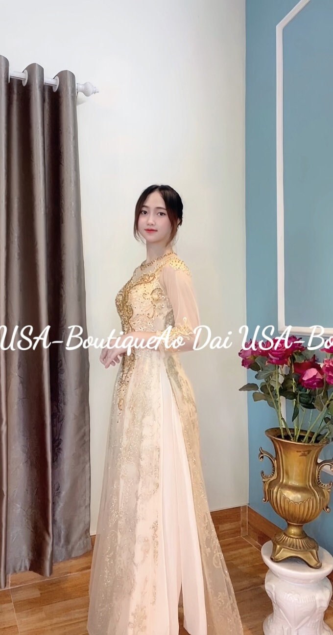 Triple Layers Ao Dai Set with Lace And Silk- Crystal And Pearls Designed-DS28