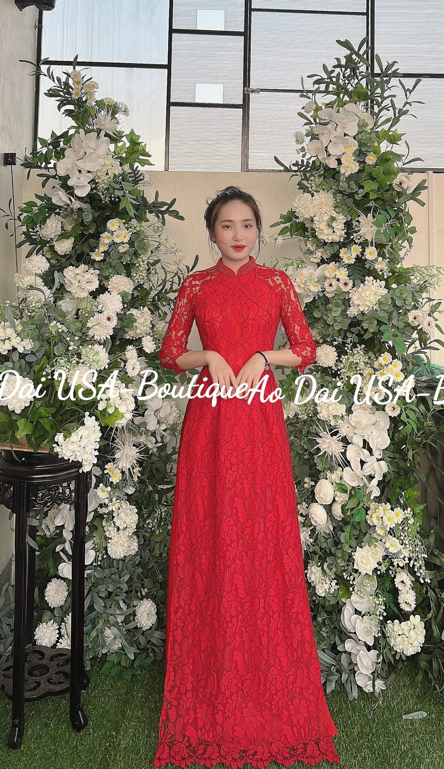 Red Ao Dai Double layer lace and silk Red