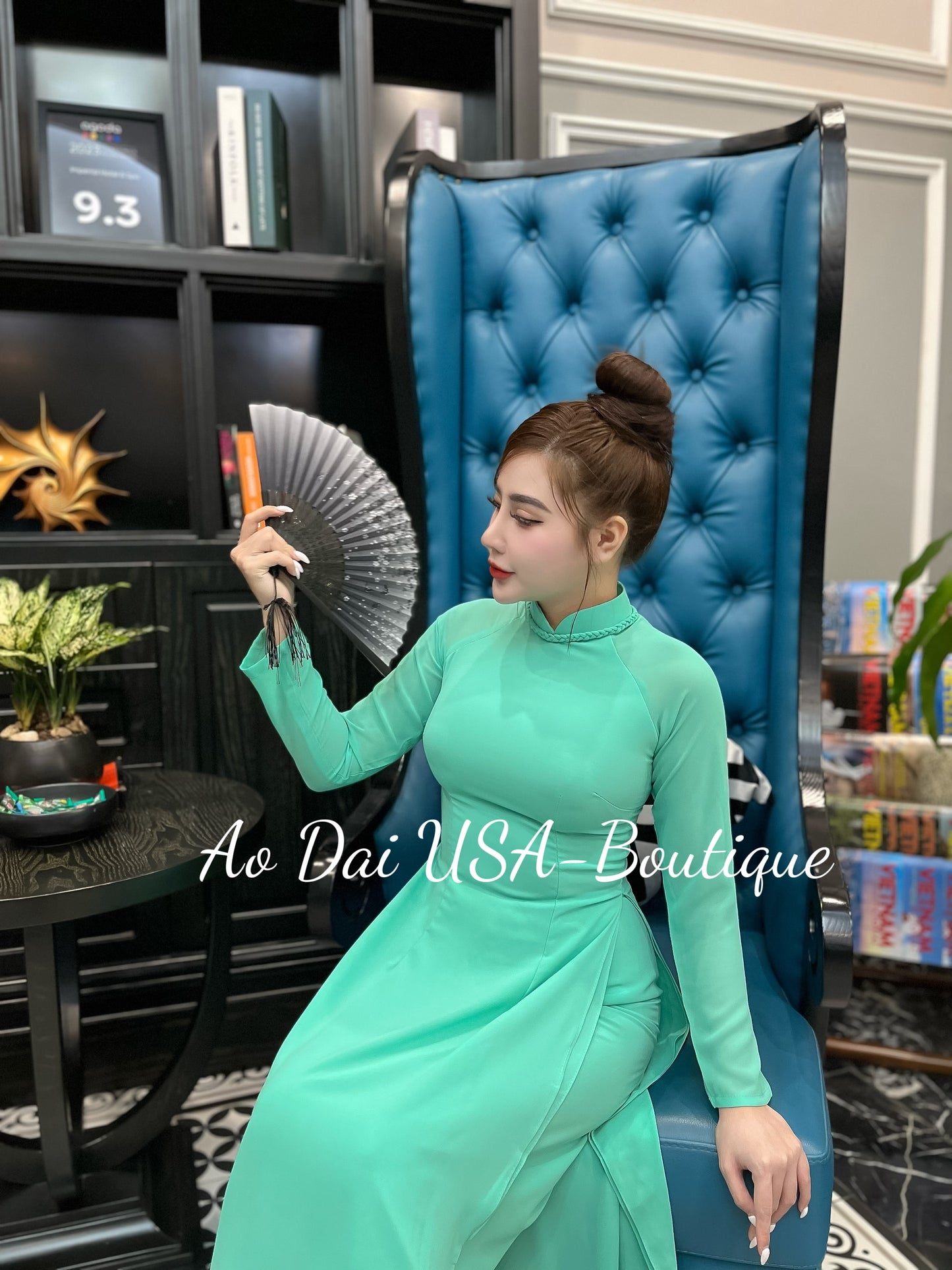 Set Ao Dai Chiffon Blue Double Layers Design with Bottom