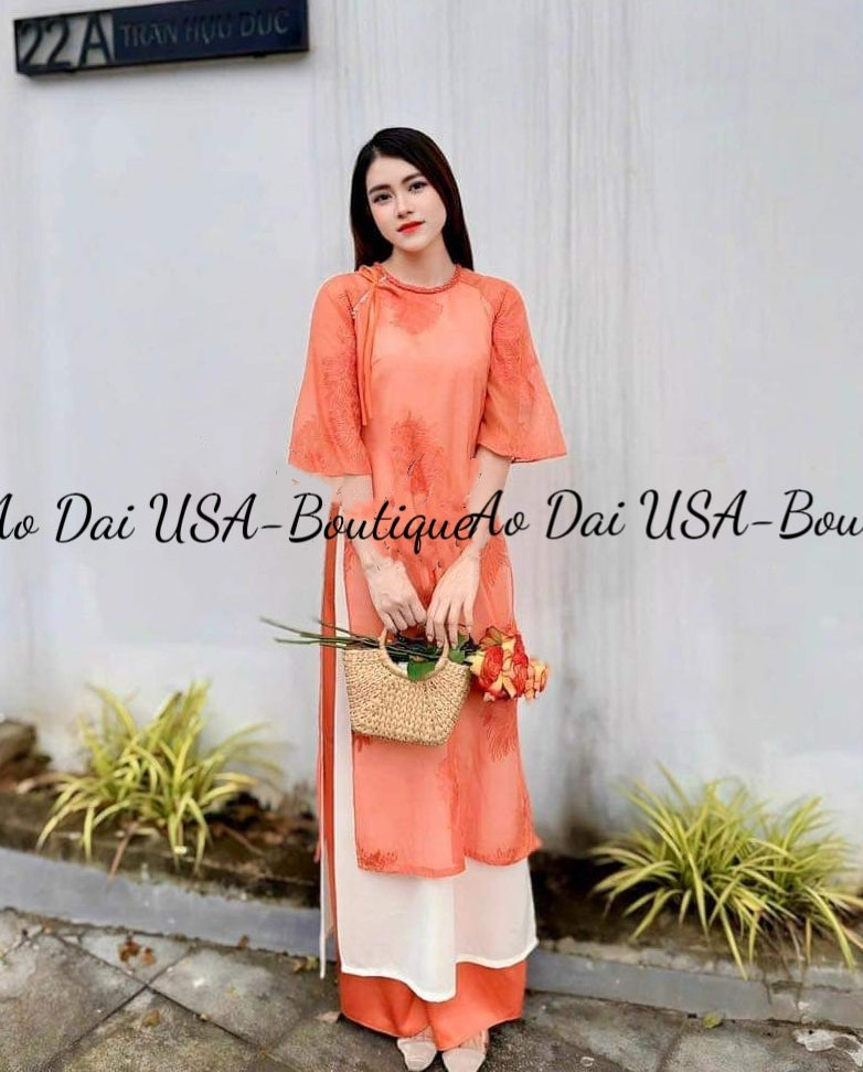 Orange Flower Embroidery Ao Dai Set (Orange Pants) B66