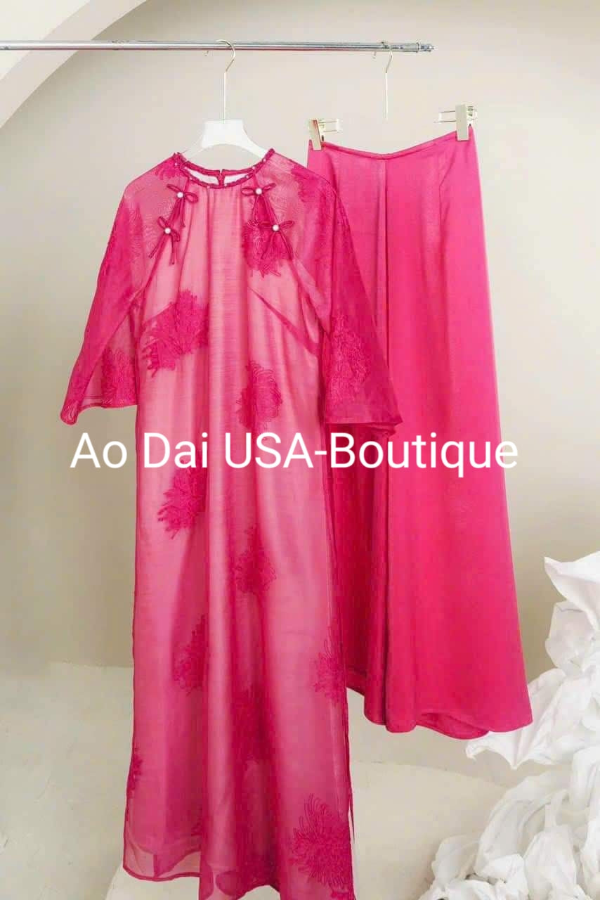 Fushia Flower Embroidery Ao Dai Set (Hot pink Pants) B66