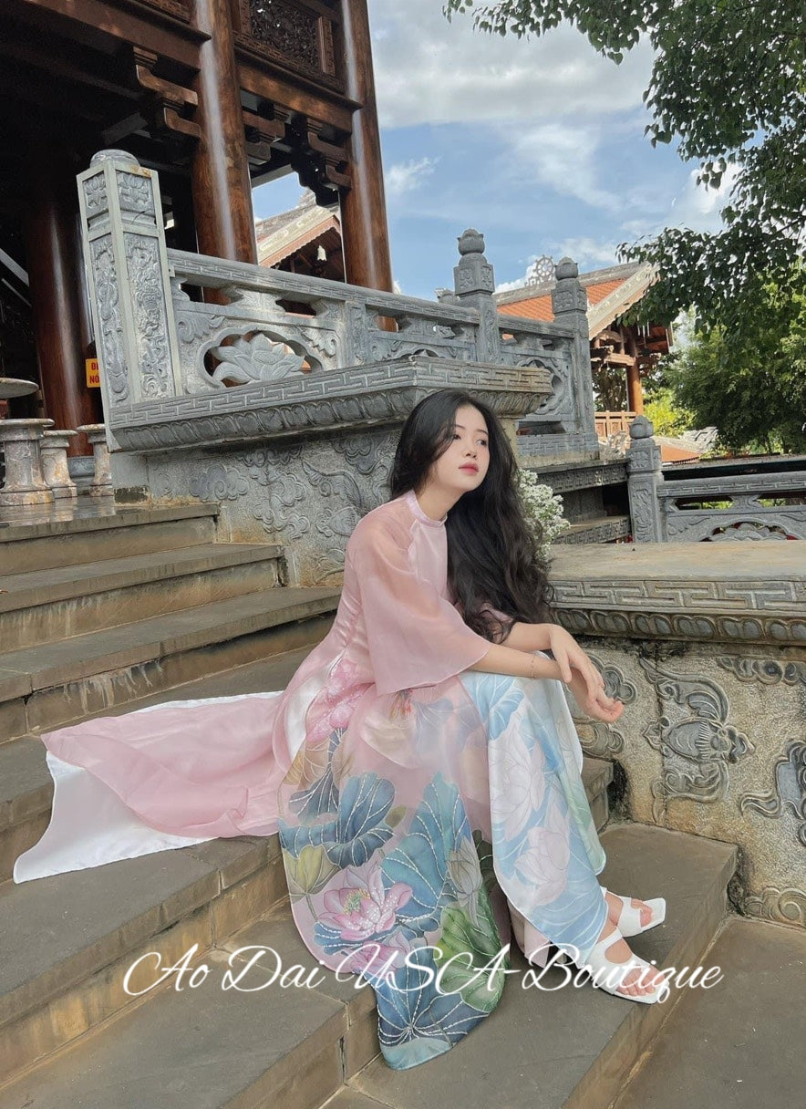 Set Ao Dai Cach Tan Pink Color- Pant Included