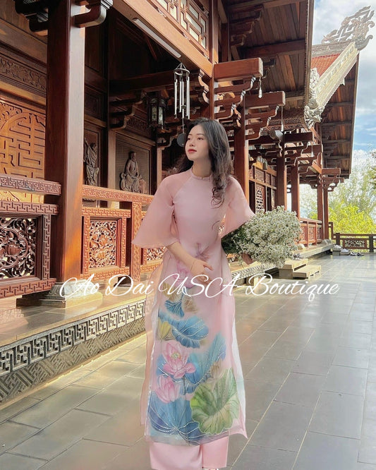 Set Ao Dai Cach Tan Pink Color- Pant Included