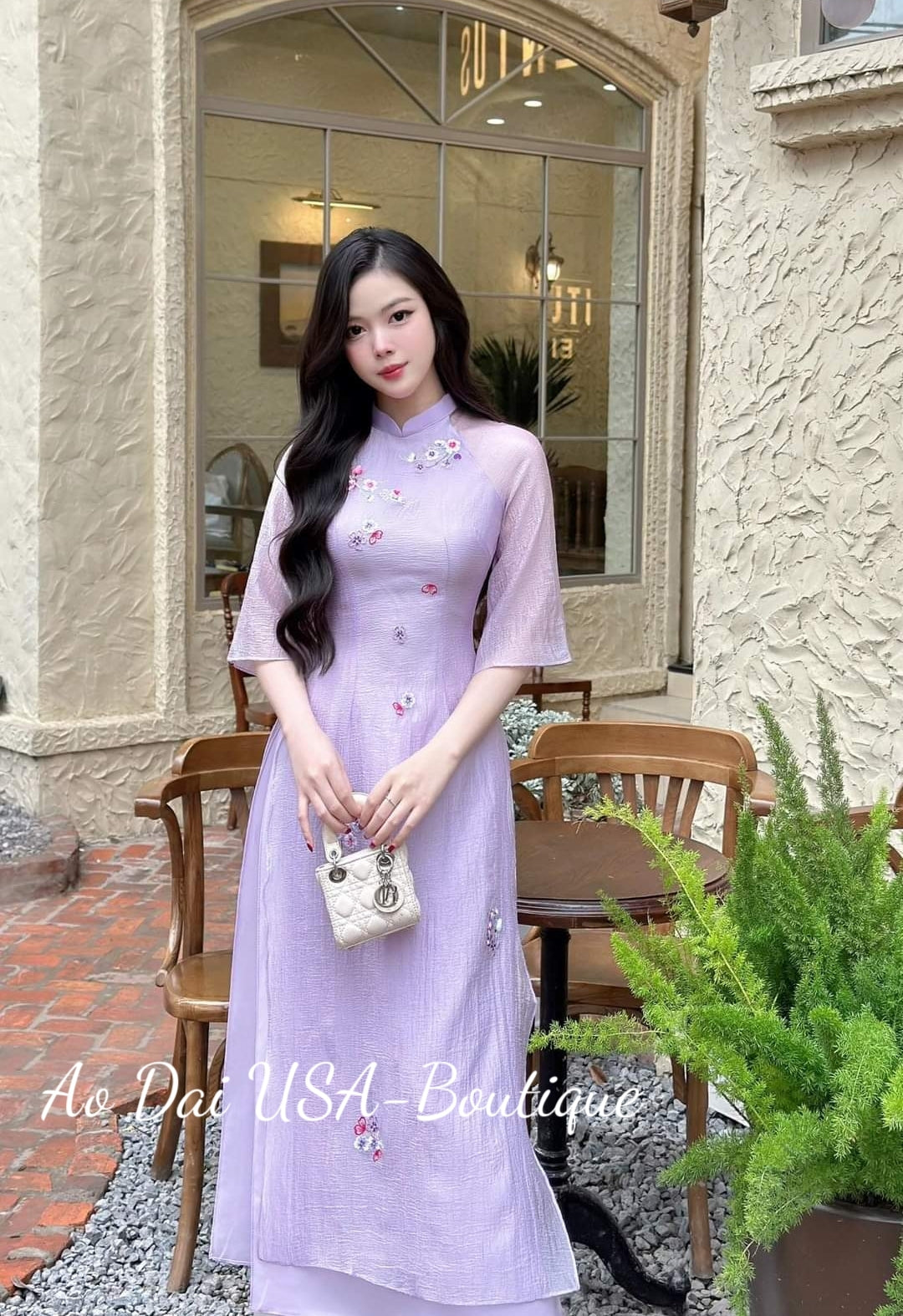 Set Ao Dai Cach Tan Thêu Purple Colors