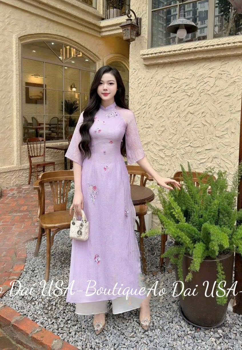 Set Ao Dai Cach Tan Thêu Purple Colors