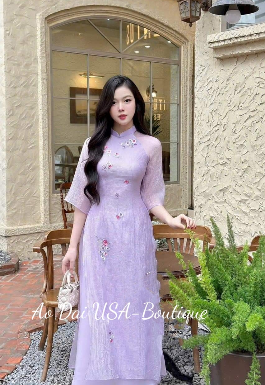 Set Ao Dai Cach Tan Thêu Purple Colors