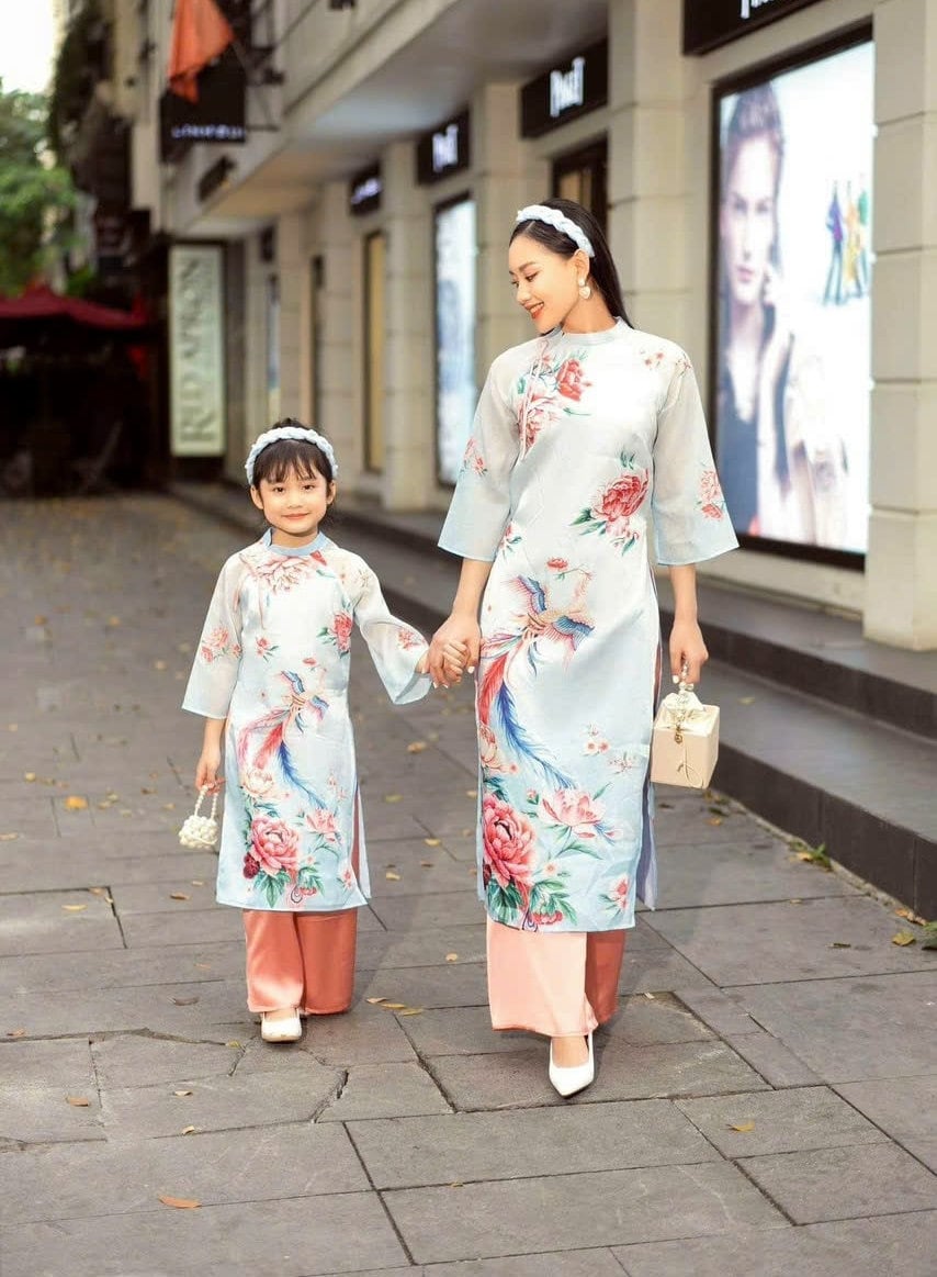 Family Printed Blue Ao Dai Set -Pants included B280