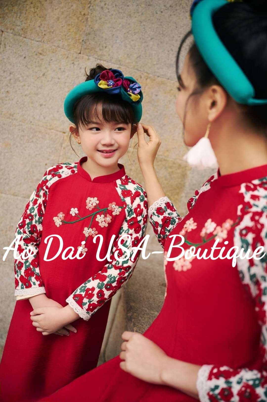 Set Ao Dai Mẹ và be Gai matching -Pants included B278