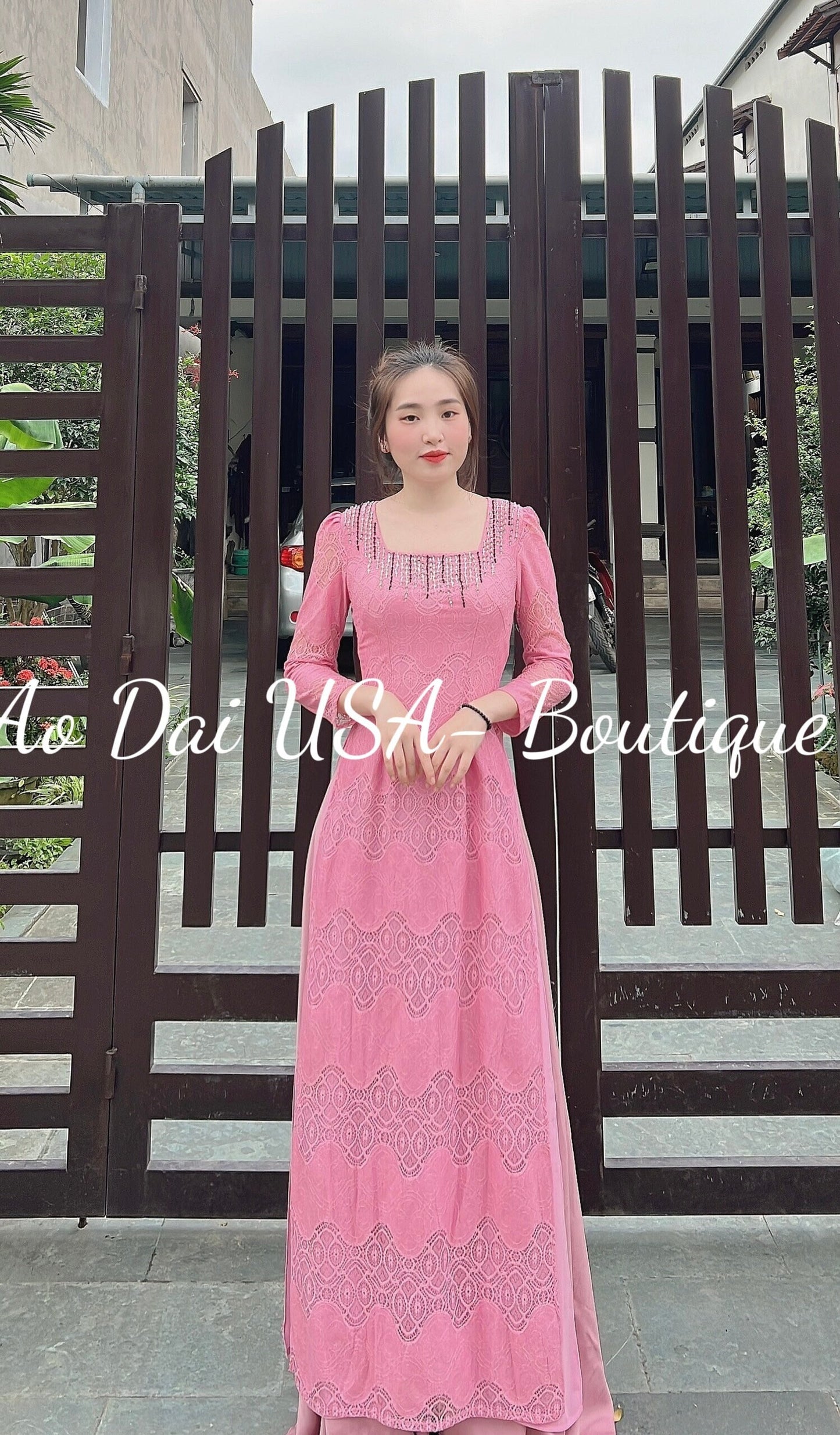 Double layers Lace Ao Dai- Pink Color -No pants included- B250