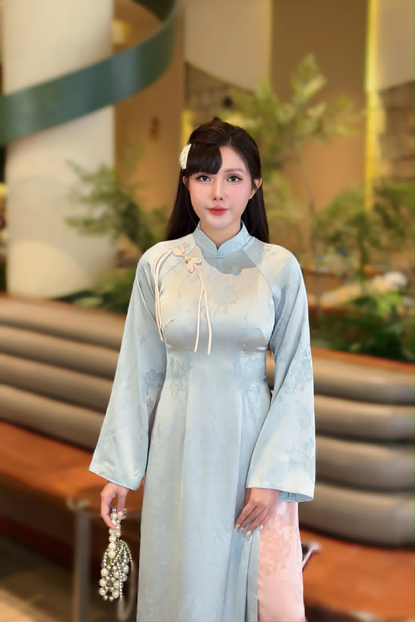 ANH HOA Set Ao Dai Gam Ha Nam Design For Women Light Blue Color/ Traditional Long dresses Vietnamese/Pink pants included/TT269
