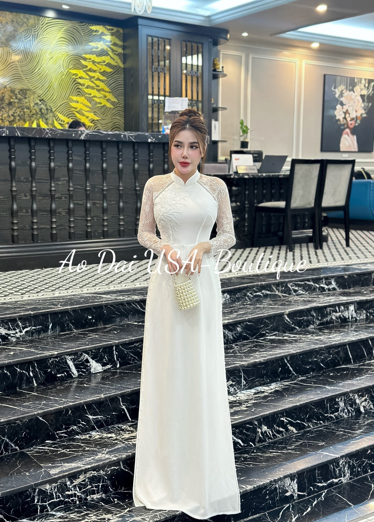 Set Ao Dai Chiffon Double layers -White color design with lace- White Pants included.