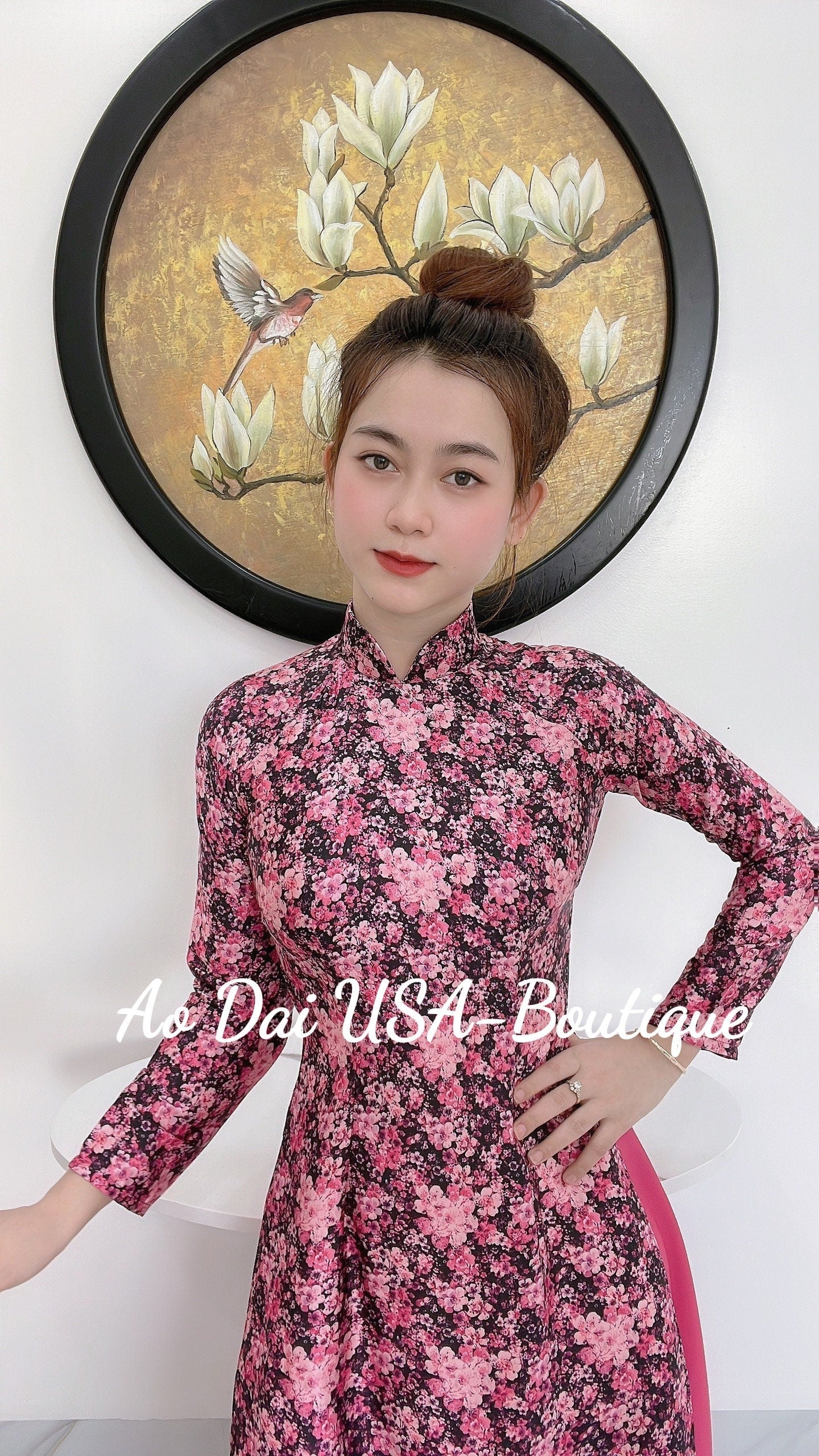 Set ao dai Flowers pink pants included-B239