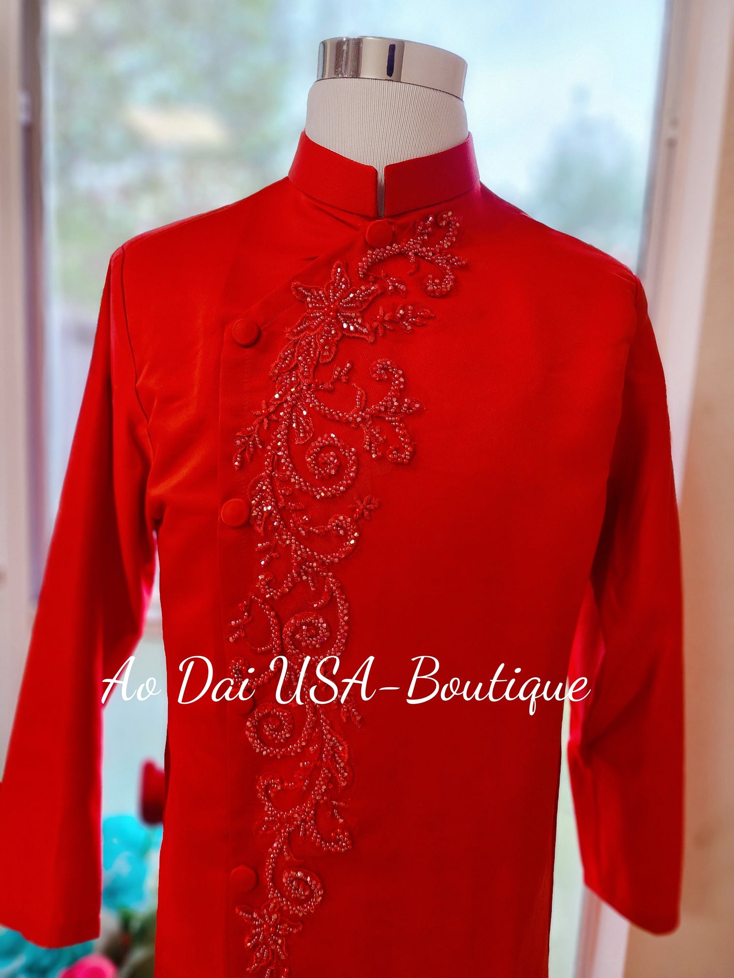 Ao dai Red Color Design With Crytal B177