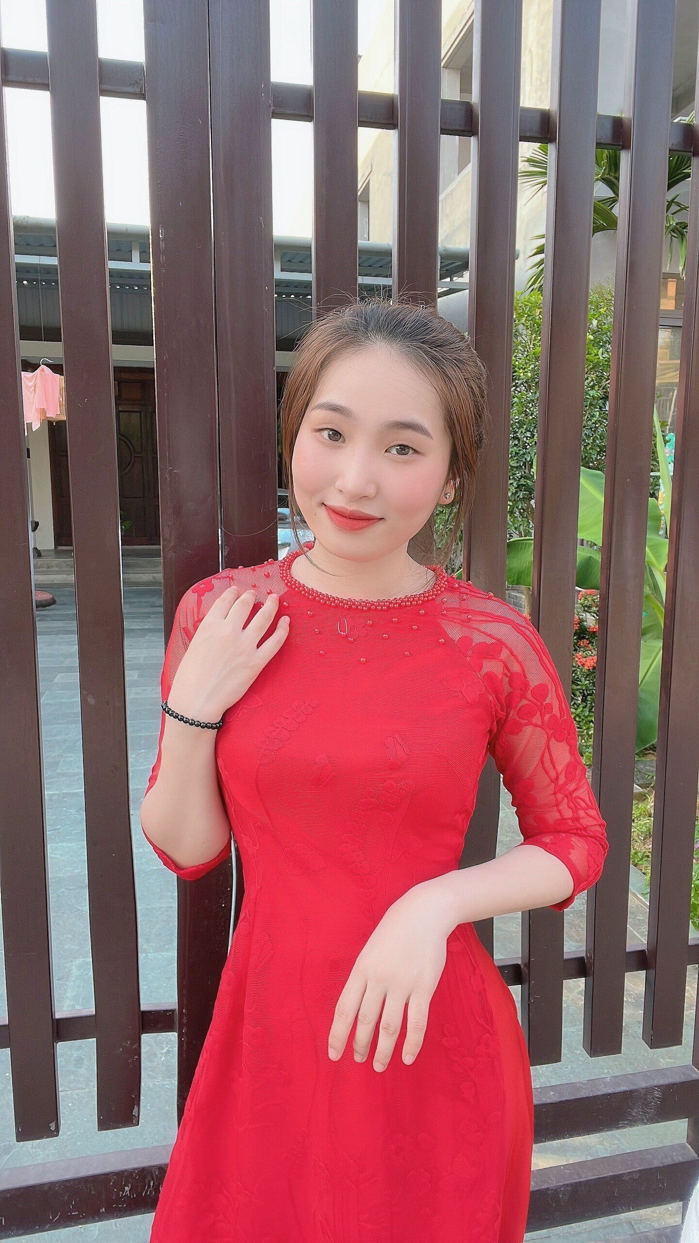 Lace Ao Dai double layers Red Color- No pants- B252