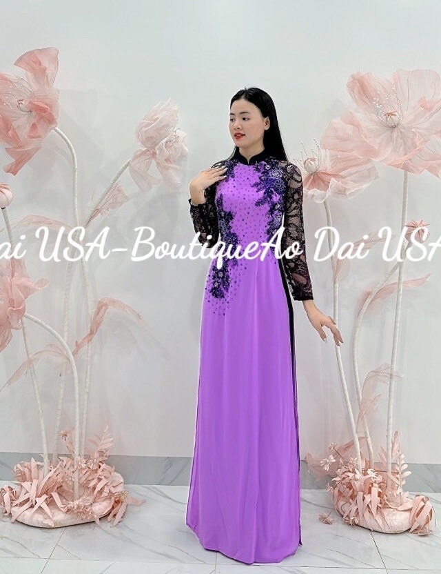 Double Layers Lace Ao Dai Set Light Purple-DS26