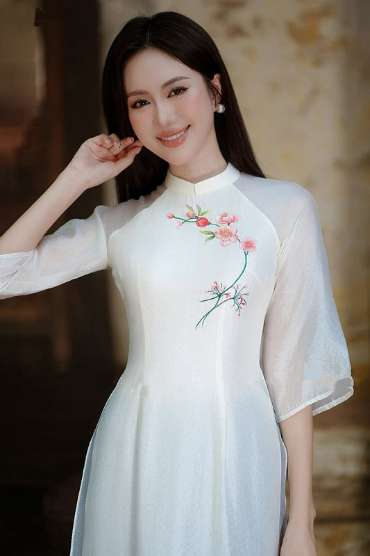 Floral Ao Dai Set White Color/ Vietnamese Traditional Dress with Blue Pants/ B238
