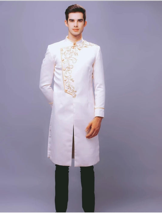Ao dai for Men White Color Embroiled W147