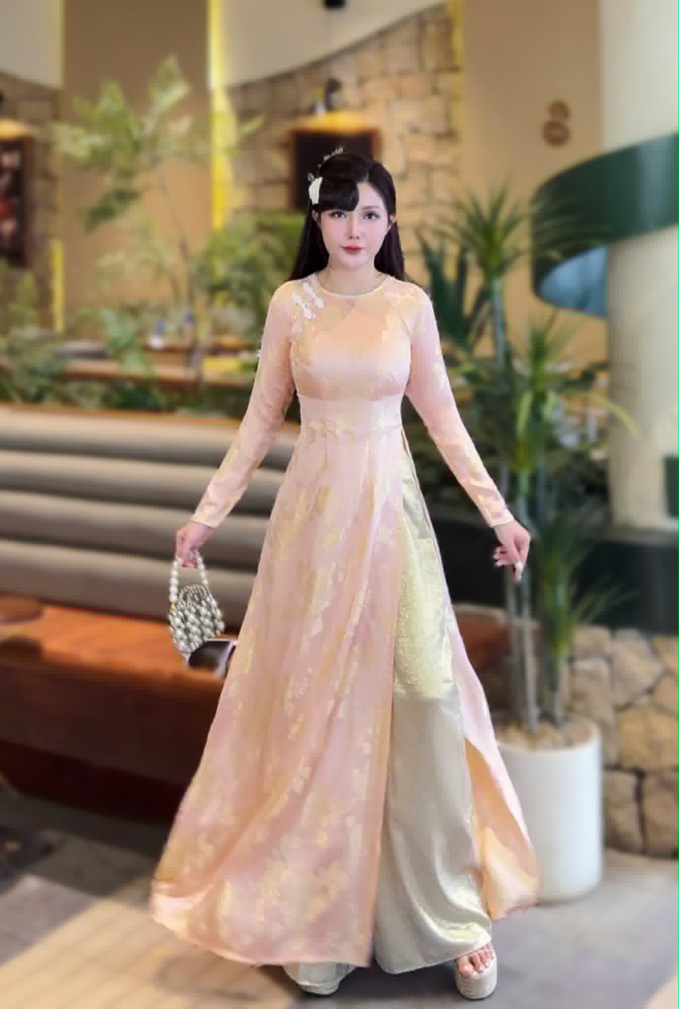 MAI DAO Set Ao Dai Lụa Gam To Tam Van Nam Pink Color with ribbon buttons/ Traditional Long dresses Vietnamese/pants included/TT96