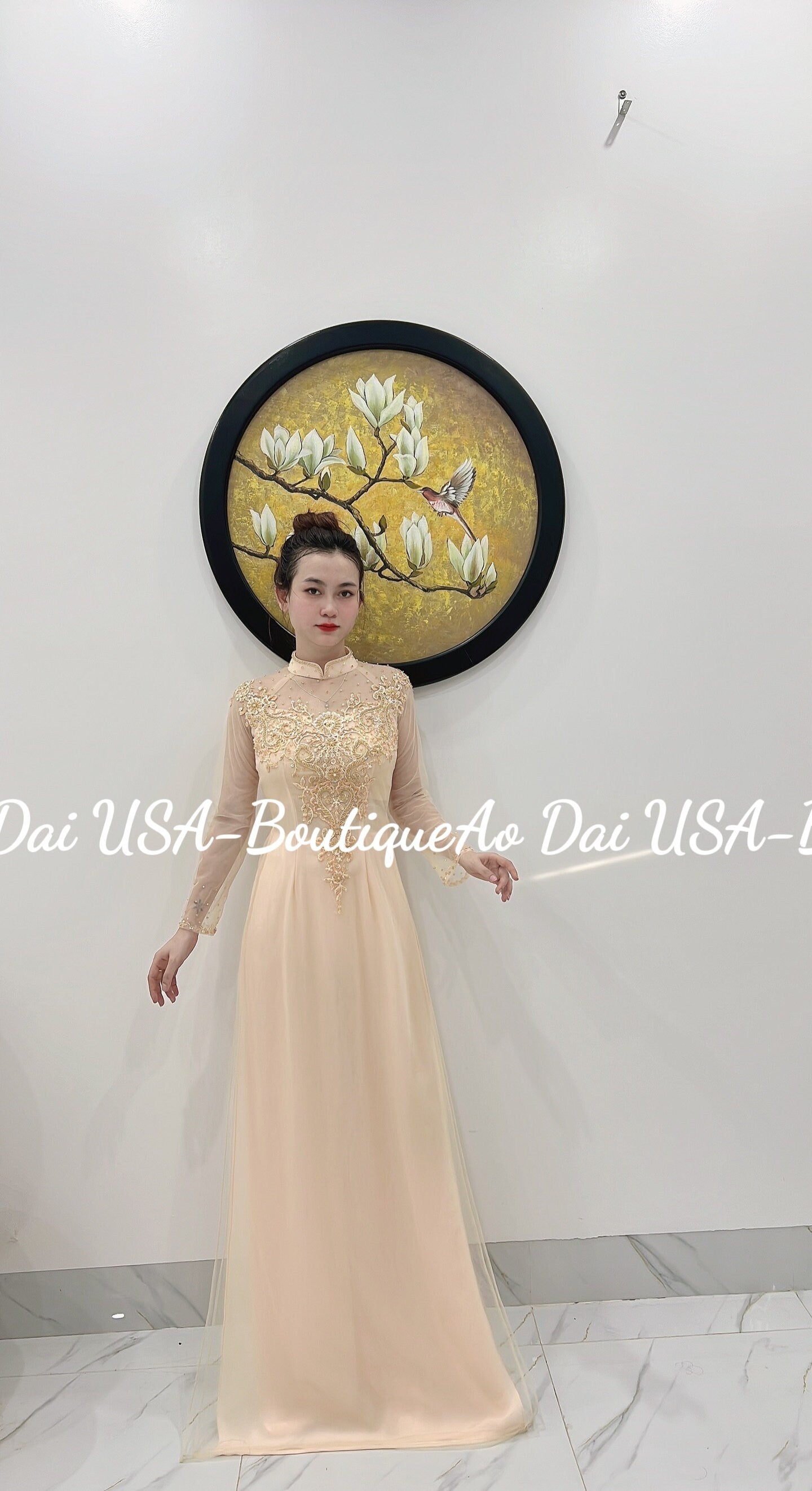 Beautiful Gold Triple Layers Ao Dai Set With Lace And Silk- DS19