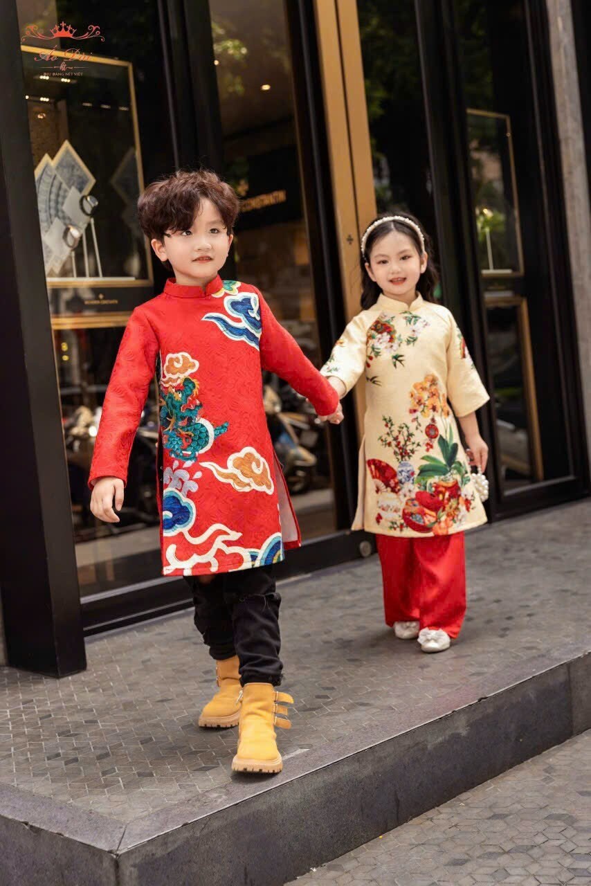 Set Ao Dai Gia đình Matching Gấm nổi In Ao Dai Set