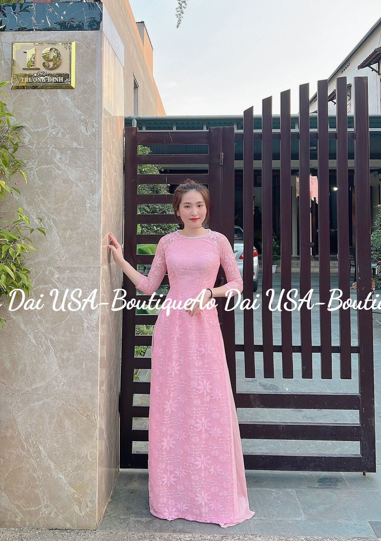 Top Only- Lace Ao Dai Pink Color Double Layers- B247