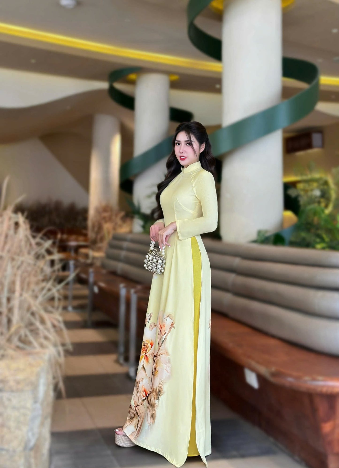Set Ao Dai Lua Thai Tuan In 3D/Light Yellow Vietnamese Dress G329