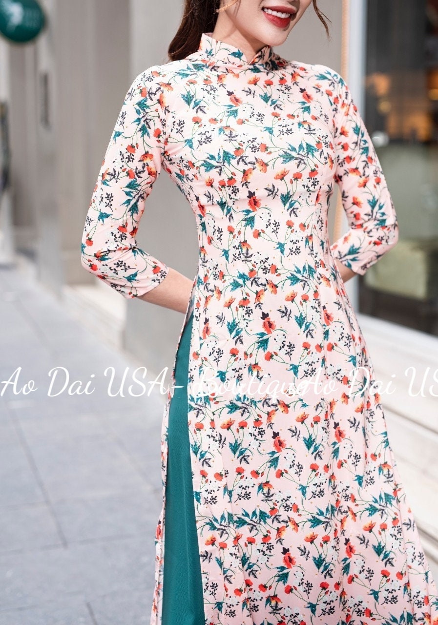 Set Flower Pre-made Silk Ao dai-Pants included TTP