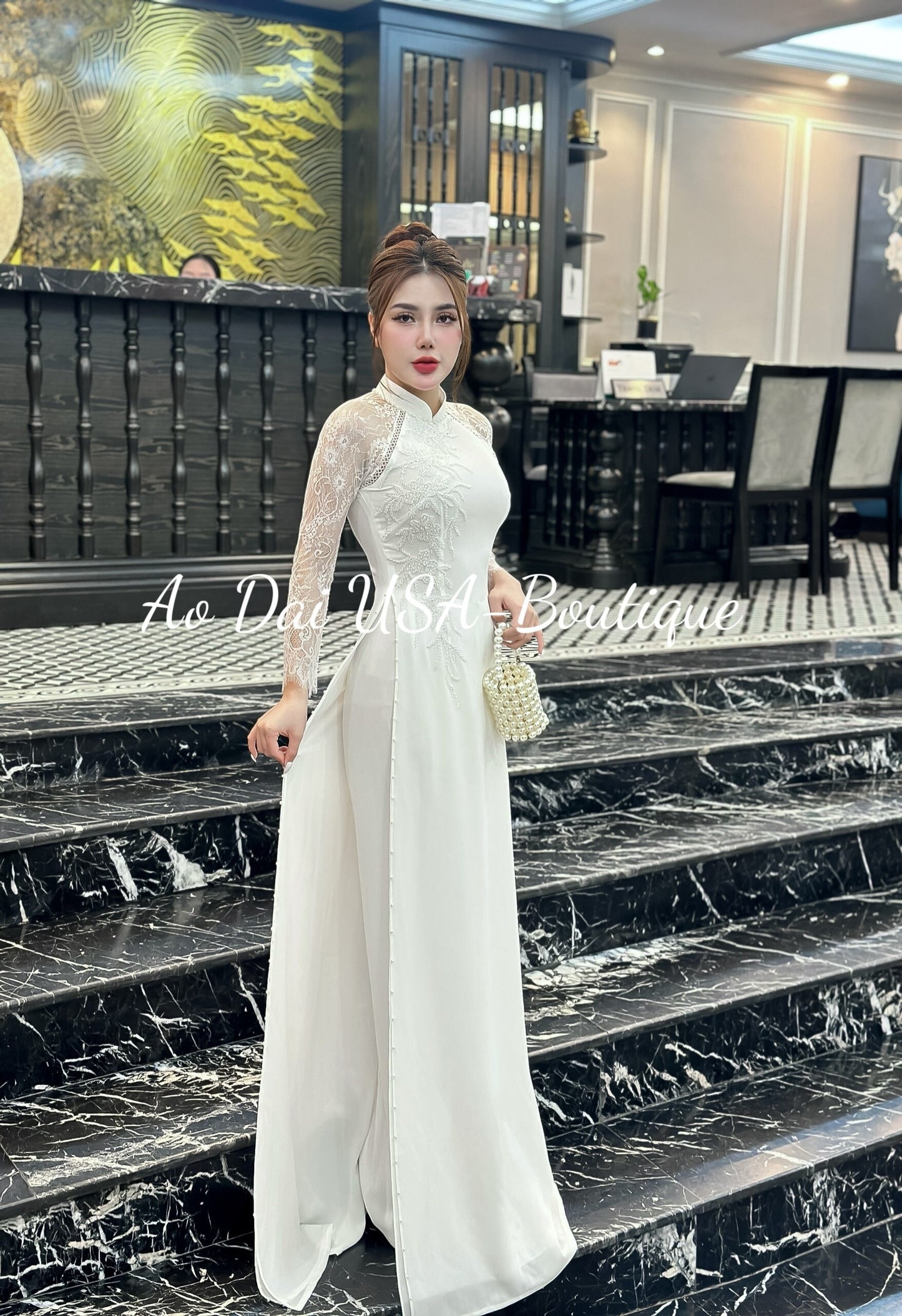 Set Ao Dai Chiffon Double layers -White color design with lace- White Pants included.