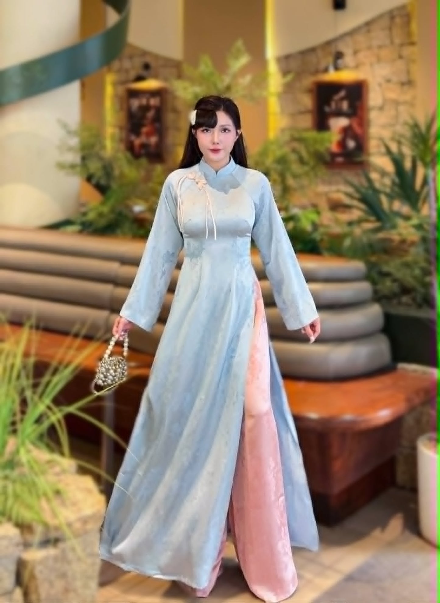 ANH HOA Set Ao Dai Gam Ha Nam Design For Women Light Blue Color/ Traditional Long dresses Vietnamese/Pink pants included/TT269
