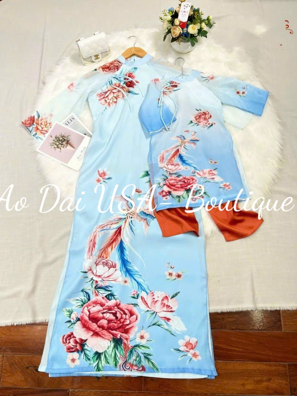 Family Printed Blue Ao Dai Set -Pants included B280