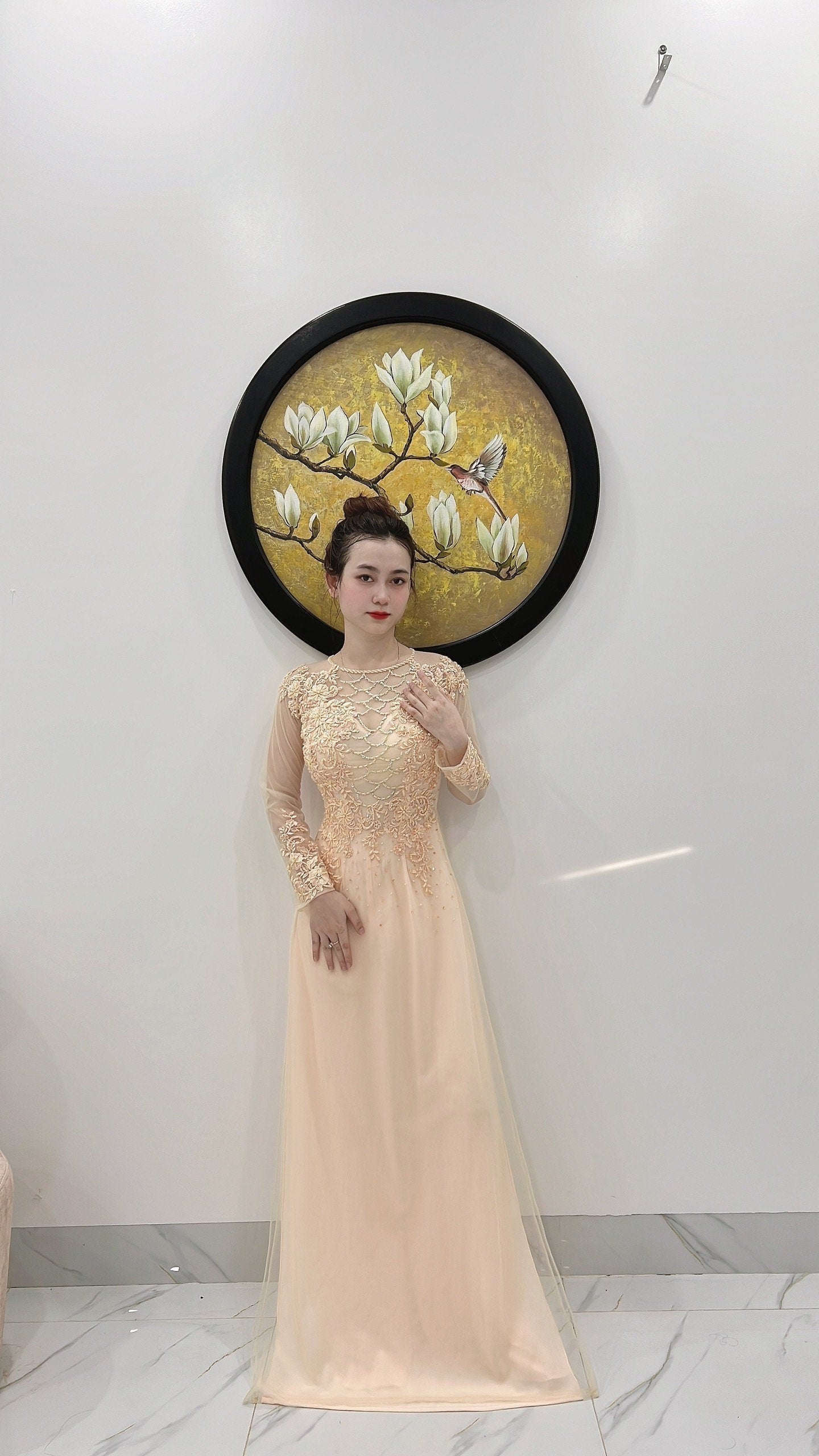 Beautiful Gold Triple Layers Ao Dai Set With Lace And Silk-Pants Included