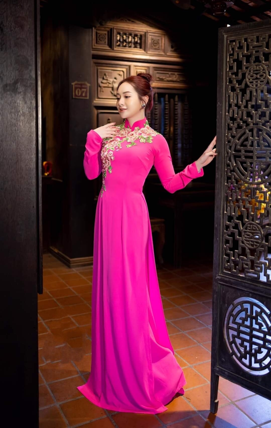 Set Ao Dai Chiffon Double Layer PINK color with crystals and pearls-Pants include- DS28