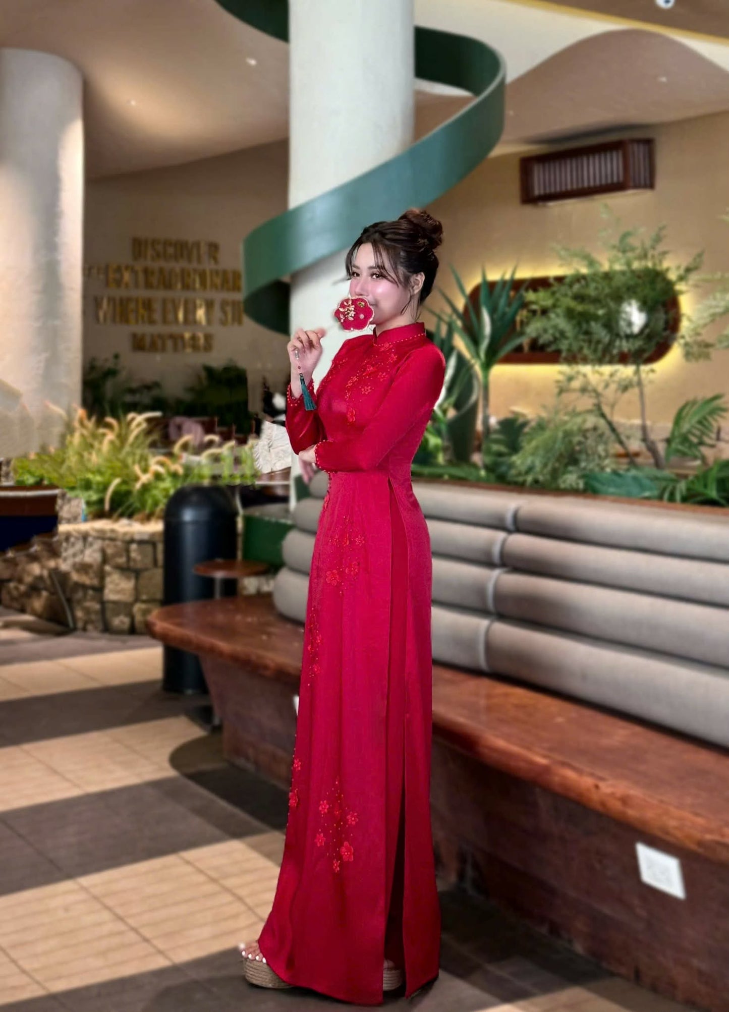 Set Ao Dai Lua Tô Châu Dark Red with Red Pants with Pants/ B250