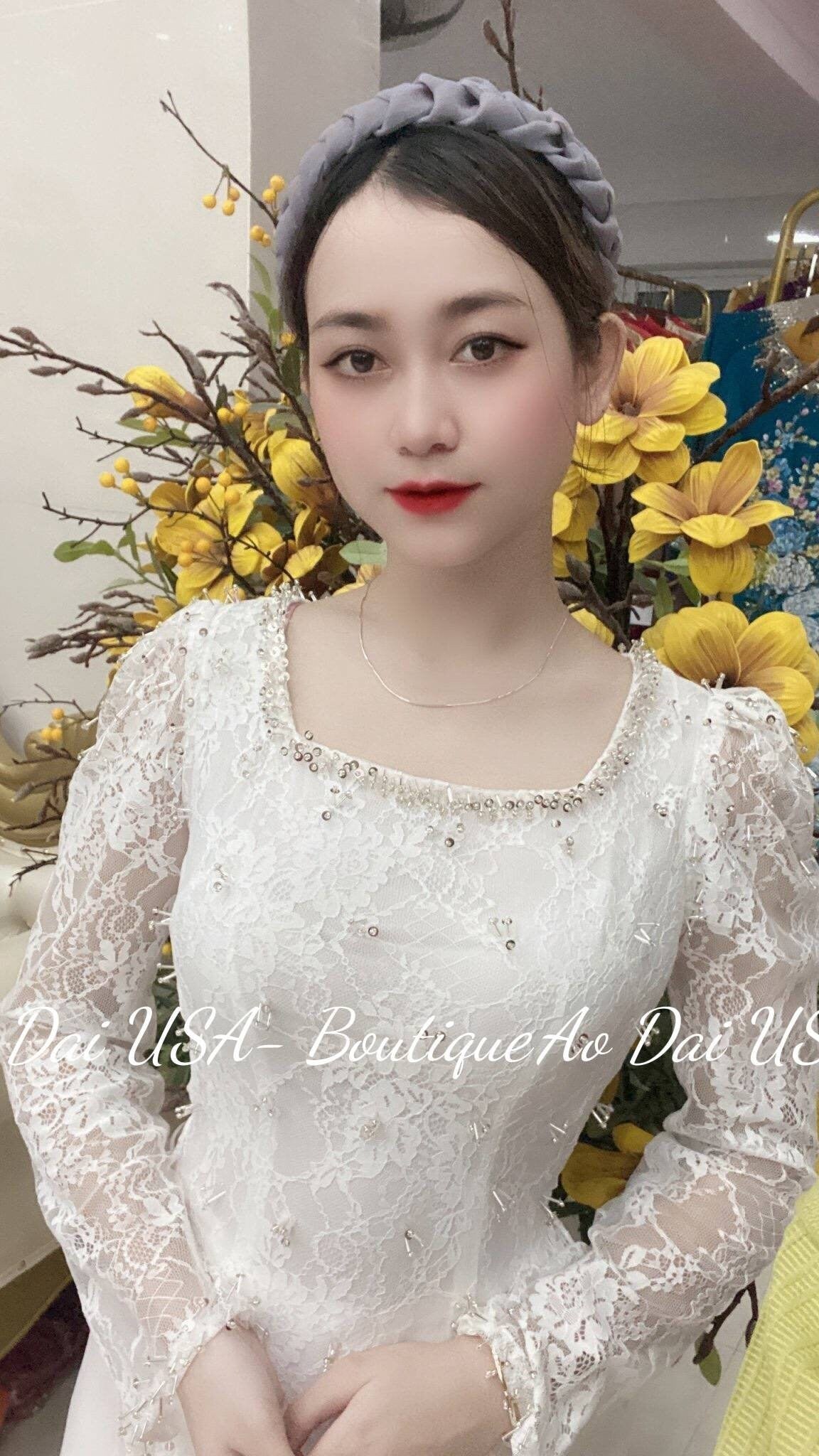 Top Only- White ao dai lace with design- B169