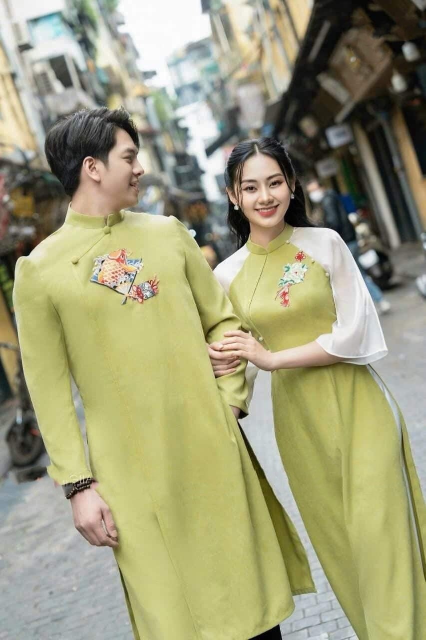 Set Ao Dai Matching Family Avocado embroidery B268