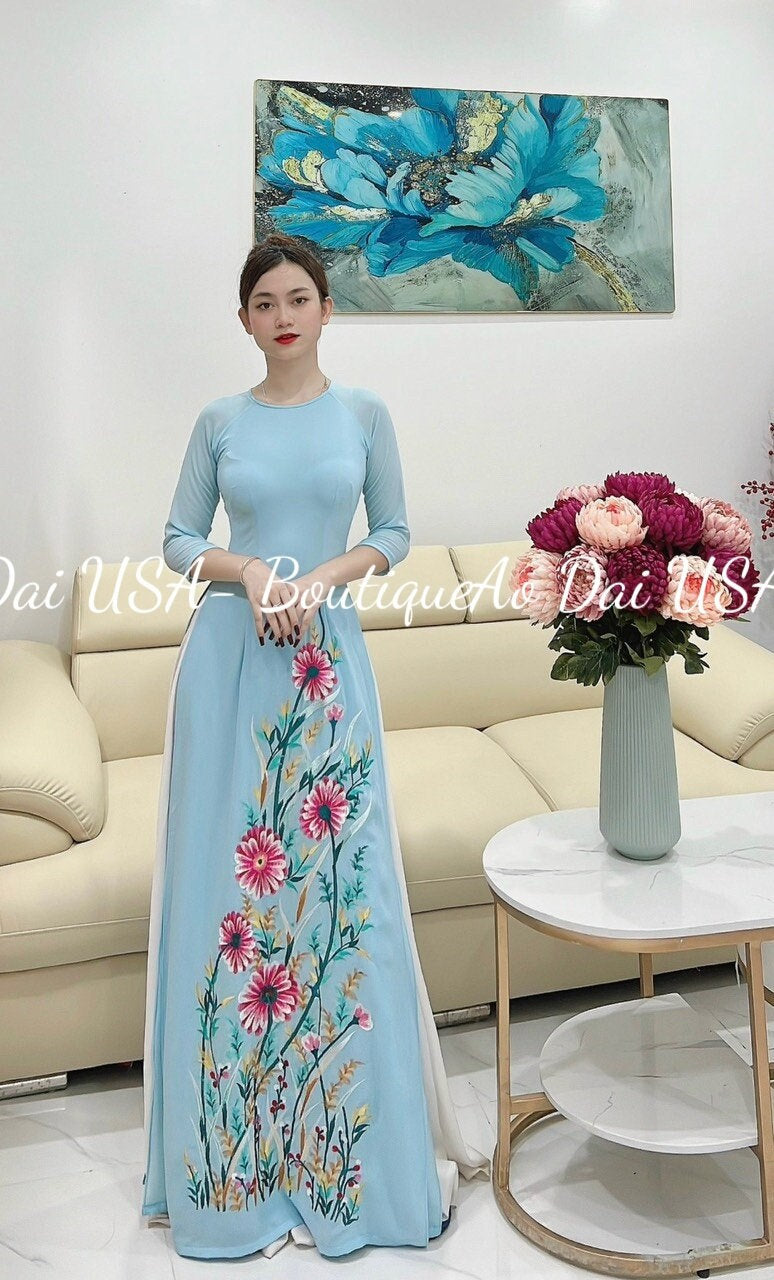 Only áo- Chiffon Blue Embroidery Ao Dai