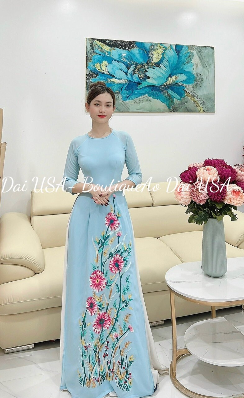 Only áo- Chiffon Blue Embroidery Ao Dai