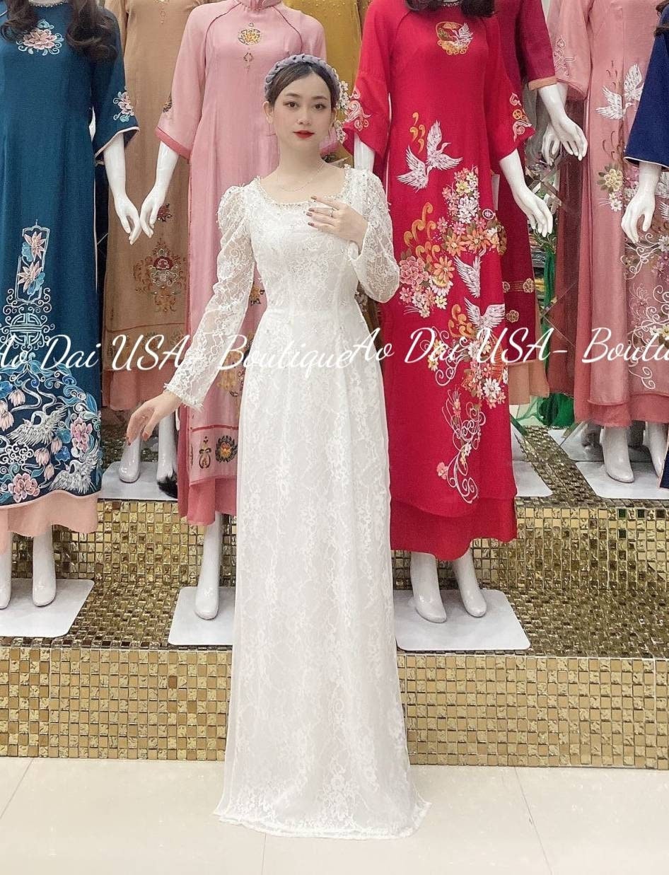 Top Only- White ao dai lace with design- B169