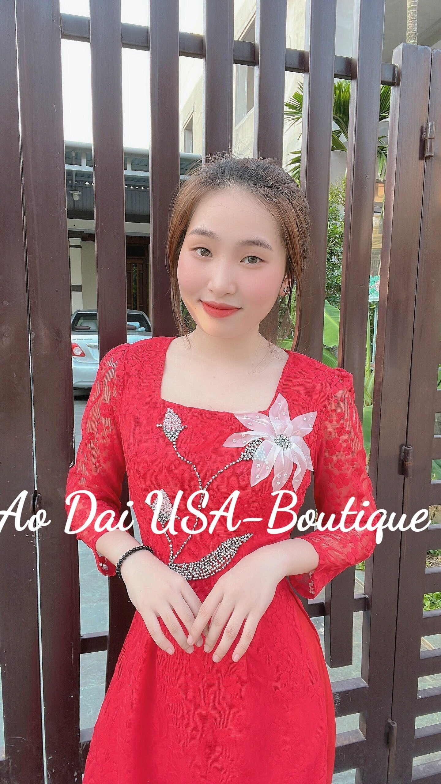 Double layers Lace Ao Dai set with design pearls and flowers - Red pants include-B250