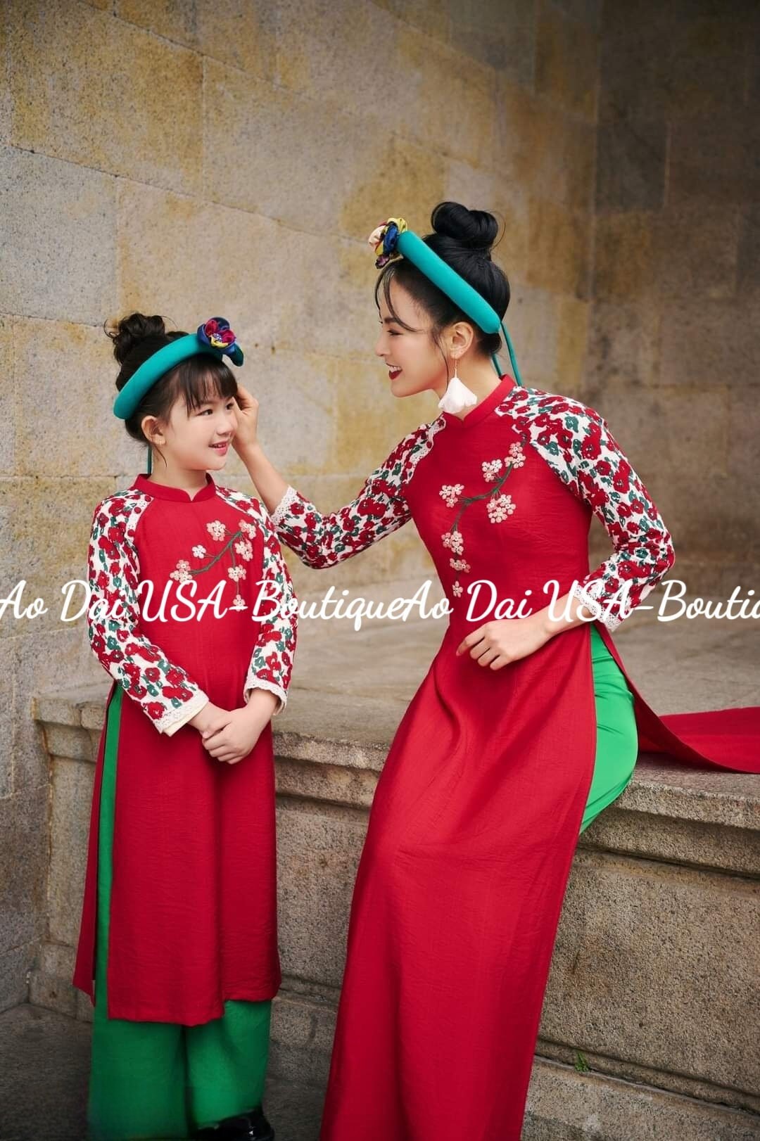 Set Ao Dai Mẹ và be Gai matching -Pants included B278