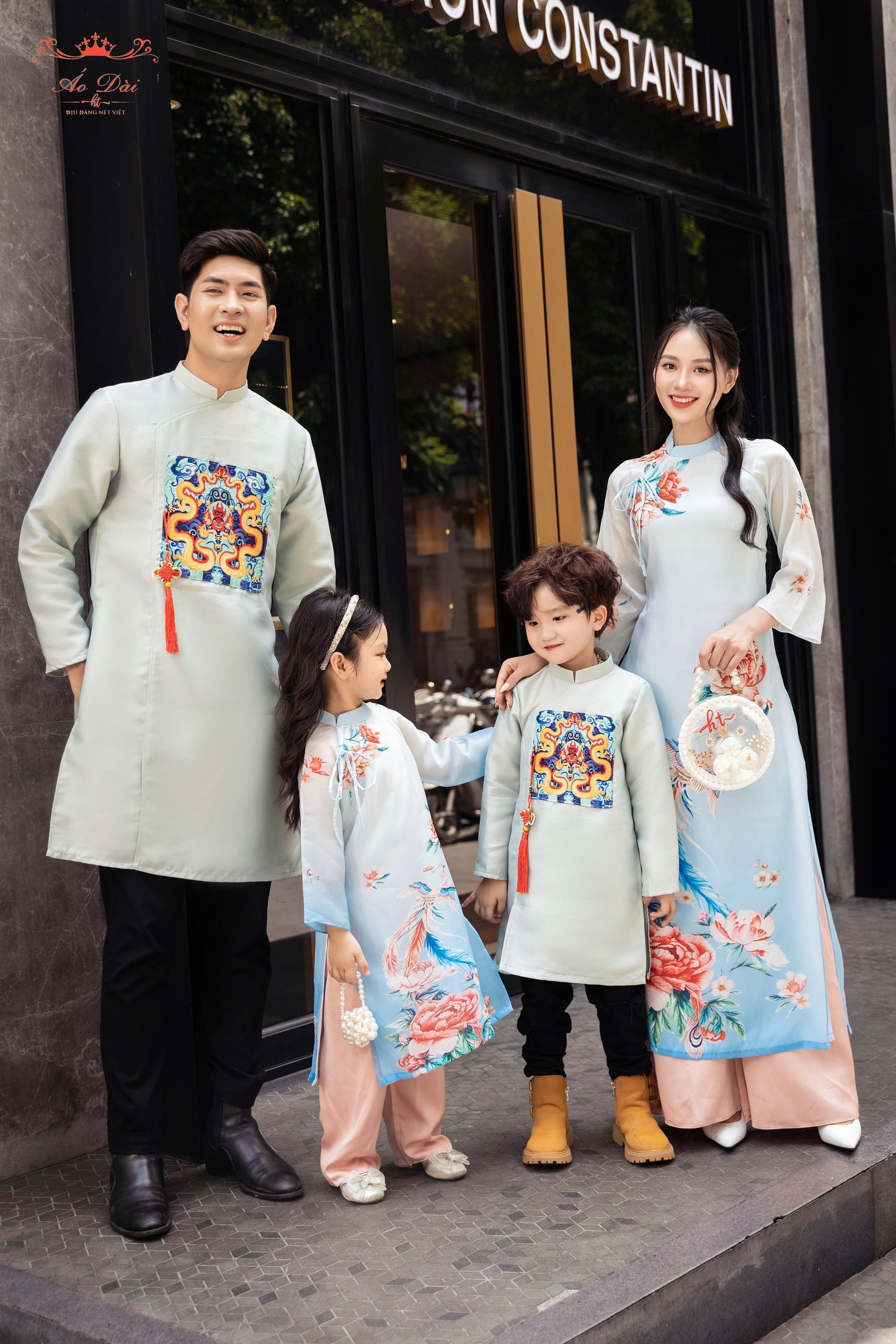 Family Printed Blue Ao Dai Set -Pants included B280