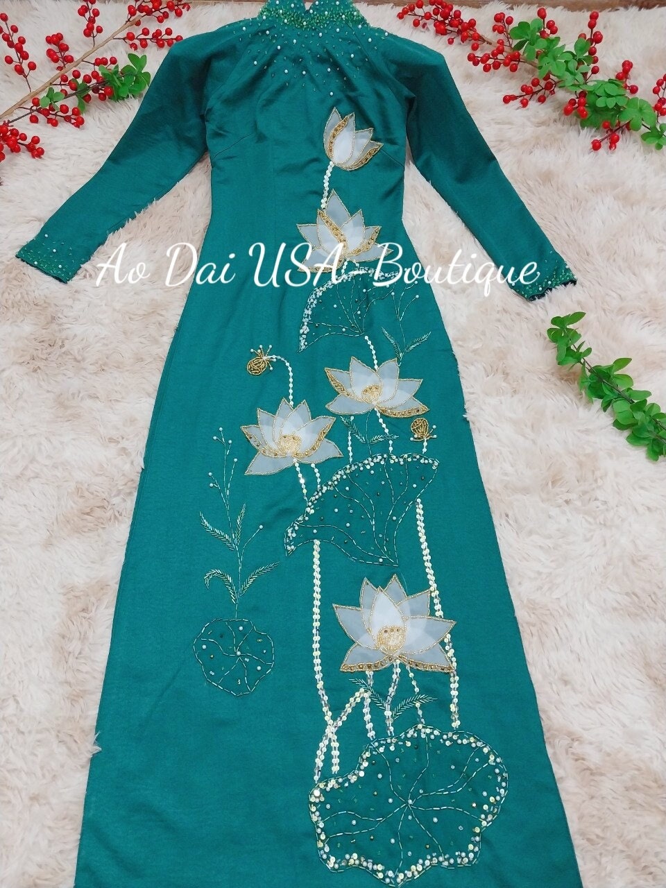 Only áo- Green Ao Dai Thiet kế đính kết Lua Tây Thi-DS13